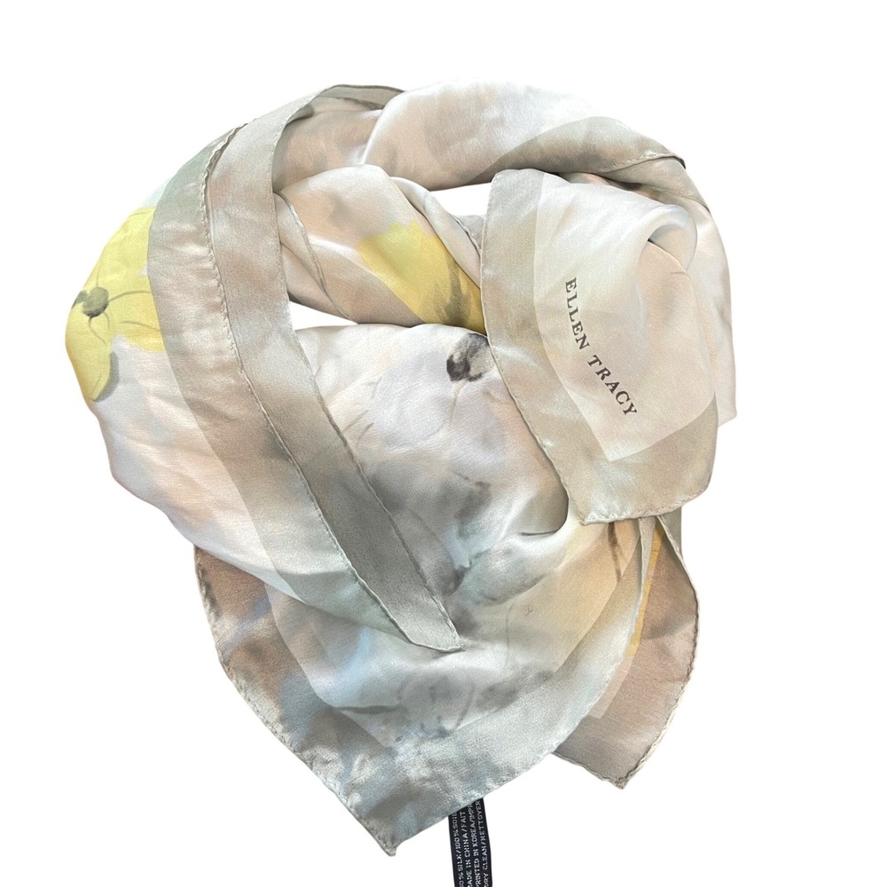 Ellen Tracy Scarf Women Gray Floral Watercolor 100% Silk Square Elegant Classic